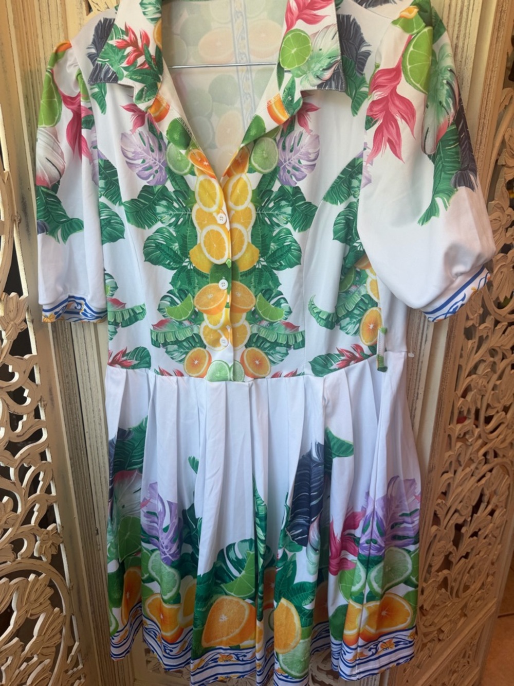 Tropical Citrus Print Button-Up Tea Dress
